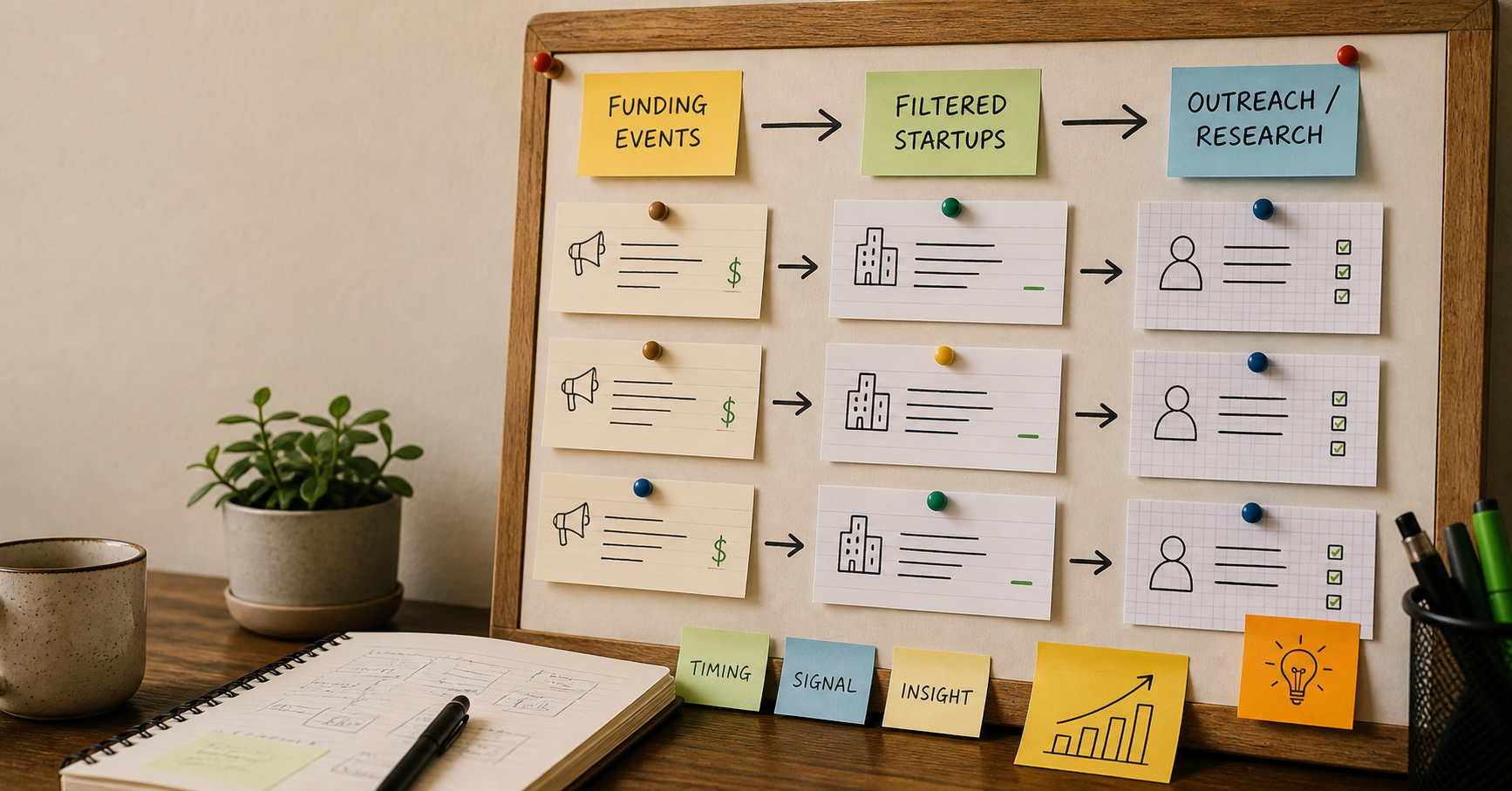 Startup funding tracker workflow showing recently funded companies becoming a lead list